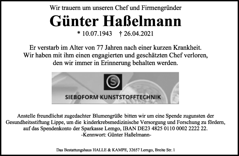 Traueranzeige für Günter Haßelmann vom 01.05.2021 aus Lippische Landes-Zeitung