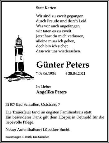 Anzeige  Günter Peters  Lippische Landes-Zeitung