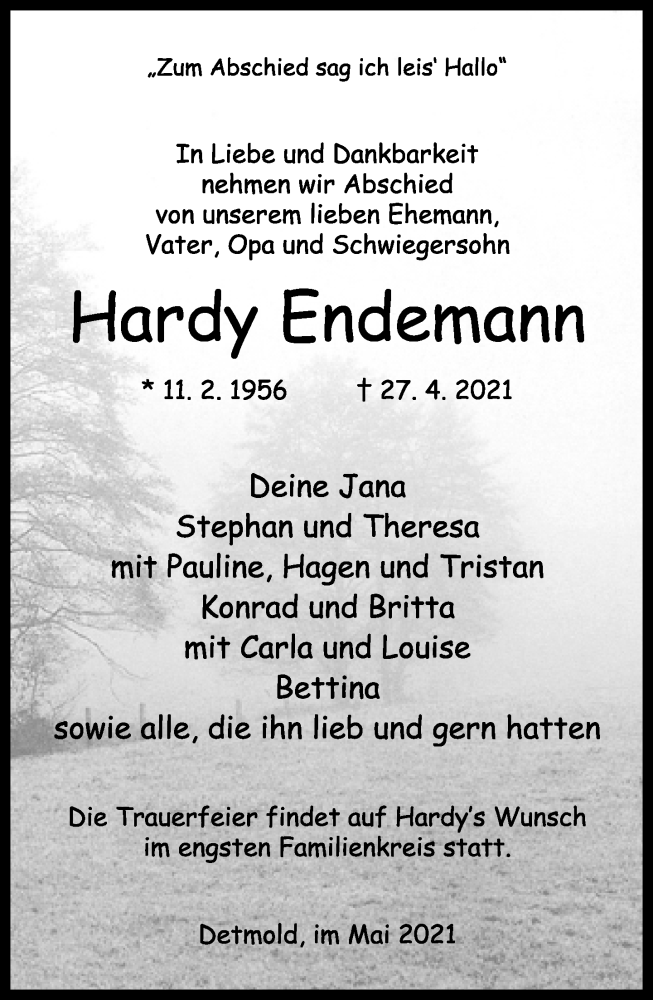  Traueranzeige für Hardy Endemann vom 08.05.2021 aus Lippische Landes-Zeitung
