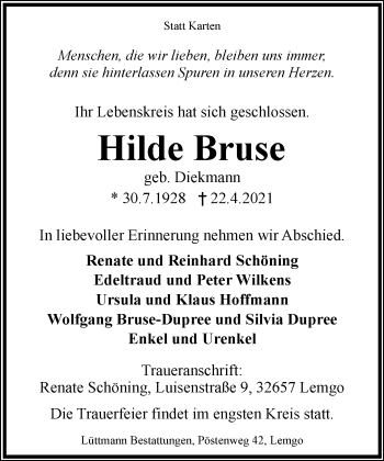 Anzeige  Hilde Bruse  Lippische Landes-Zeitung