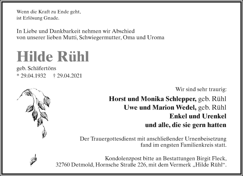  Traueranzeige für Hilde Rühl vom 08.05.2021 aus Lippische Landes-Zeitung