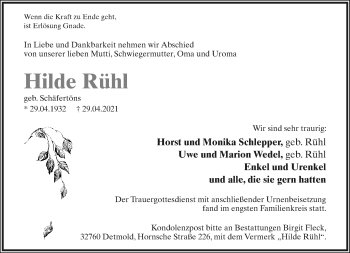 Anzeige  Hilde Rühl  Lippische Landes-Zeitung