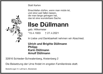 Anzeige  Ilse Düllmann  Lippische Landes-Zeitung