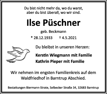 Anzeige  Ilse Püschner  Lippische Landes-Zeitung