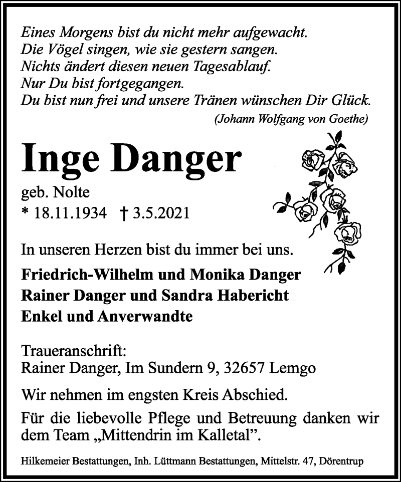  Traueranzeige für Inge Danger vom 08.05.2021 aus Lippische Landes-Zeitung