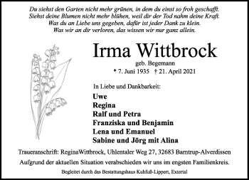 Anzeige  Irma Wittbrock  Lippische Landes-Zeitung