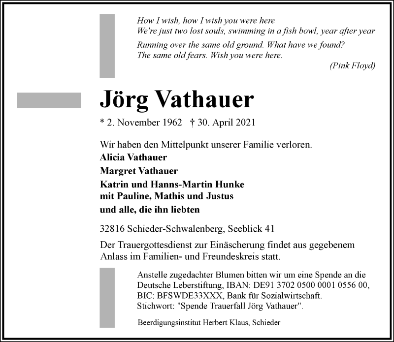  Traueranzeige für Jörg Vathauer vom 05.05.2021 aus Lippische Landes-Zeitung
