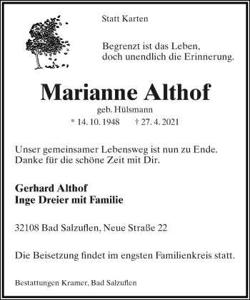 Anzeige  Marianne Althof  Lippische Landes-Zeitung