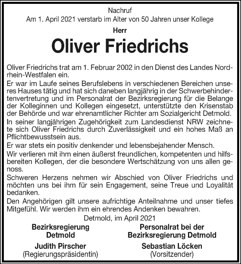  Traueranzeige für Oliver Friedrichs vom 01.05.2021 aus Lippische Landes-Zeitung