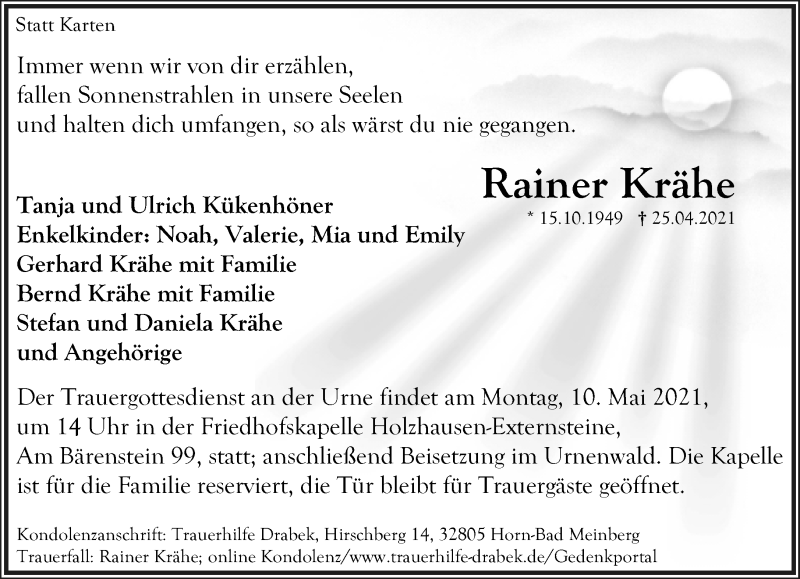  Traueranzeige für Rainer Krähe vom 08.05.2021 aus Lippische Landes-Zeitung