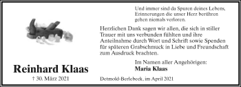 Anzeige  Reinhard Klaas  Lippische Landes-Zeitung