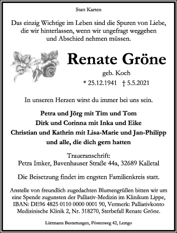 Anzeige  Renate Gröne  Lippische Landes-Zeitung