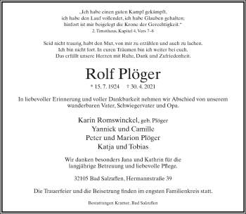 Anzeige  Rolf Plöger  Lippische Landes-Zeitung
