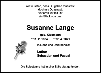 Anzeige  Susanne Lange  Lippische Landes-Zeitung