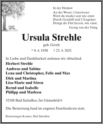 Anzeige  Ursula Strehle  Lippische Landes-Zeitung