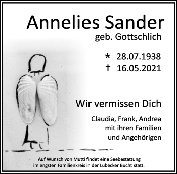 Anzeige  Annelies Sander  Lippische Landes-Zeitung