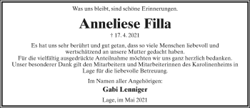 Anzeige  Anneliese Filla  Lippische Landes-Zeitung