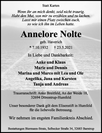 Anzeige  Annelore Nolte  Lippische Landes-Zeitung