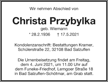 Anzeige  Christa Przybylka  Lippische Landes-Zeitung