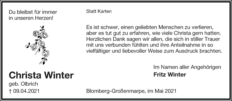  Traueranzeige für Christa Winter vom 22.05.2021 aus Lippische Landes-Zeitung