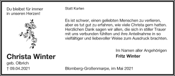 Anzeige  Christa Winter  Lippische Landes-Zeitung
