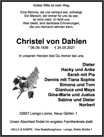 Anzeige  Christel von Dahlen  Lippische Landes-Zeitung