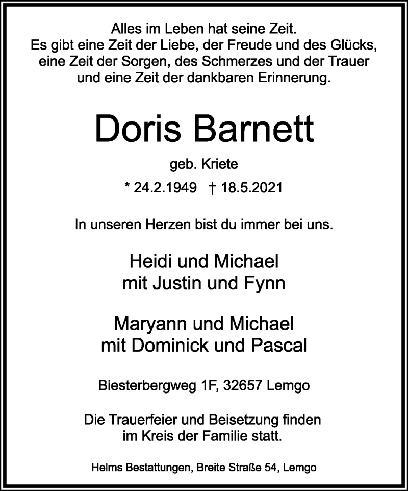  Traueranzeige für Doris Barnett vom 22.05.2021 aus Lippische Landes-Zeitung