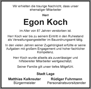 Anzeige  Egon Koch  Lippische Landes-Zeitung