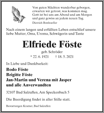 Anzeige  Elfriede Föste  Lippische Landes-Zeitung