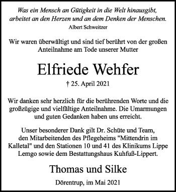 Anzeige  Elfriede Wehfer  Lippische Landes-Zeitung