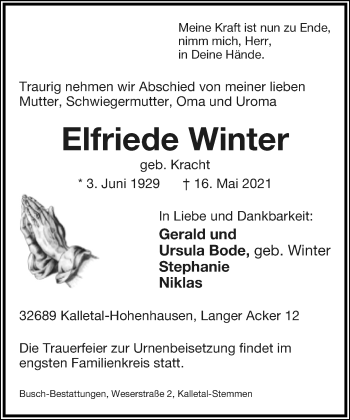 Anzeige  Elfriede Winter  Lippische Landes-Zeitung