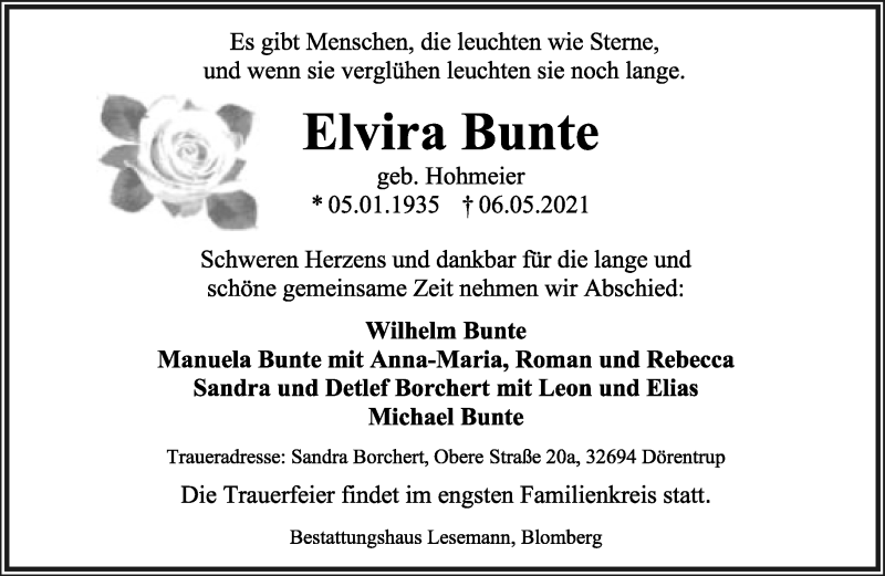  Traueranzeige für Elvira Bunte vom 15.05.2021 aus Lippische Landes-Zeitung