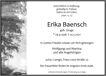 Anzeige  Erika Baensch  Lippische Landes-Zeitung