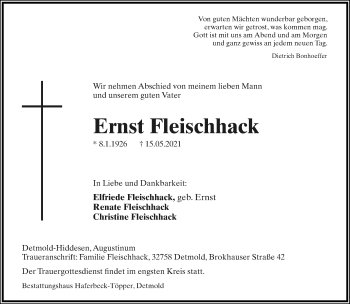 Anzeige  Ernst Fleischhack  Lippische Landes-Zeitung