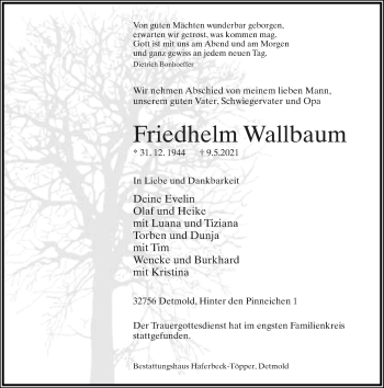 Anzeige  Friedhelm Wallbaum  Lippische Landes-Zeitung