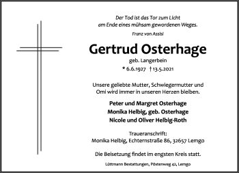 Anzeige  Gertrud Osterhage  Lippische Landes-Zeitung
