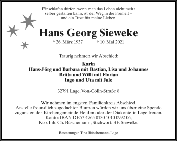 Anzeige  Hans Georg Sieweke  Lippische Landes-Zeitung