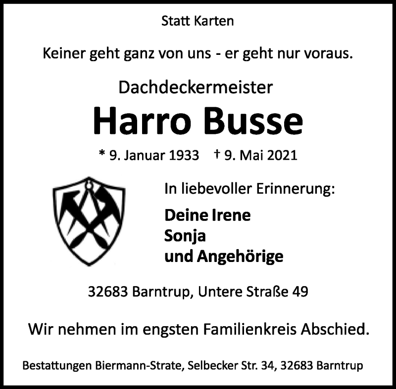  Traueranzeige für Harro Busse vom 15.05.2021 aus Lippische Landes-Zeitung
