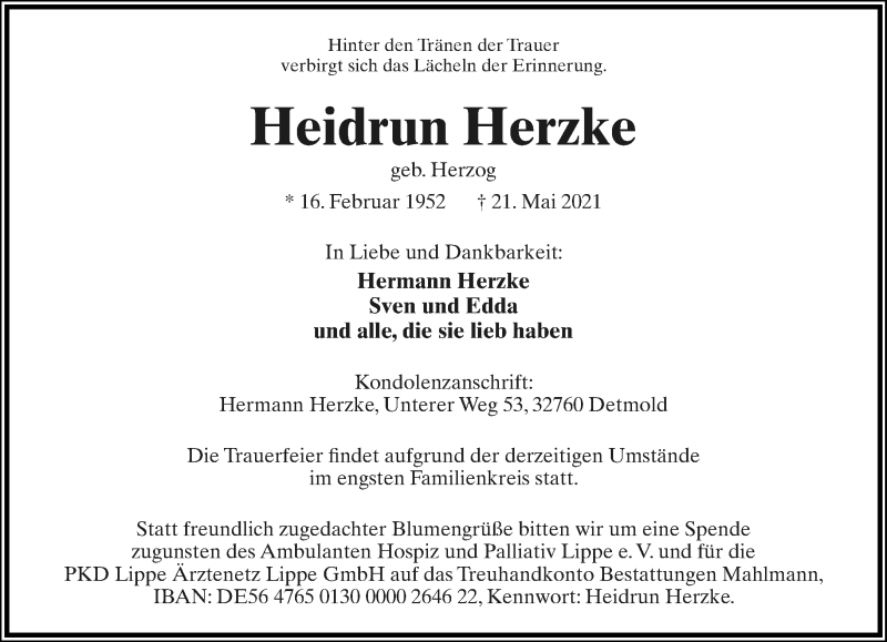  Traueranzeige für Heidrun Herzke vom 29.05.2021 aus Lippische Landes-Zeitung