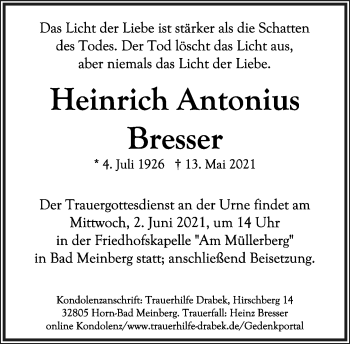 Anzeige  Heinrich Antonius Bresser  Lippische Landes-Zeitung