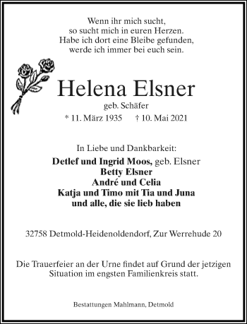 Anzeige  Helena Elsner  Lippische Landes-Zeitung