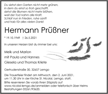 Anzeige  Hermann Prüßner  Lippische Landes-Zeitung