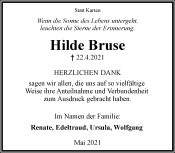 Anzeige  Hilde Bruse  Lippische Landes-Zeitung
