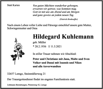 Anzeige  Hildegard Kuhlemann  Lippische Landes-Zeitung