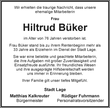 Anzeige  Hiltrud Büker  Lippische Landes-Zeitung