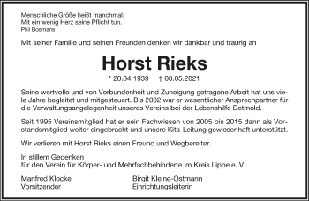 Anzeige  Horst Rieks  Lippische Landes-Zeitung