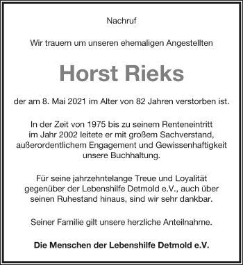 Anzeige  Horst Rieks  Lippische Landes-Zeitung