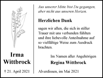 Anzeige  Irma Wittbrock  Lippische Landes-Zeitung