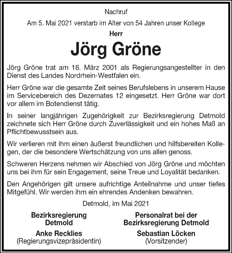  Traueranzeige für Jörg Gröne vom 15.05.2021 aus Lippische Landes-Zeitung