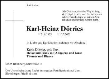 Anzeige  Karl-Heinz Dörries  Lippische Landes-Zeitung